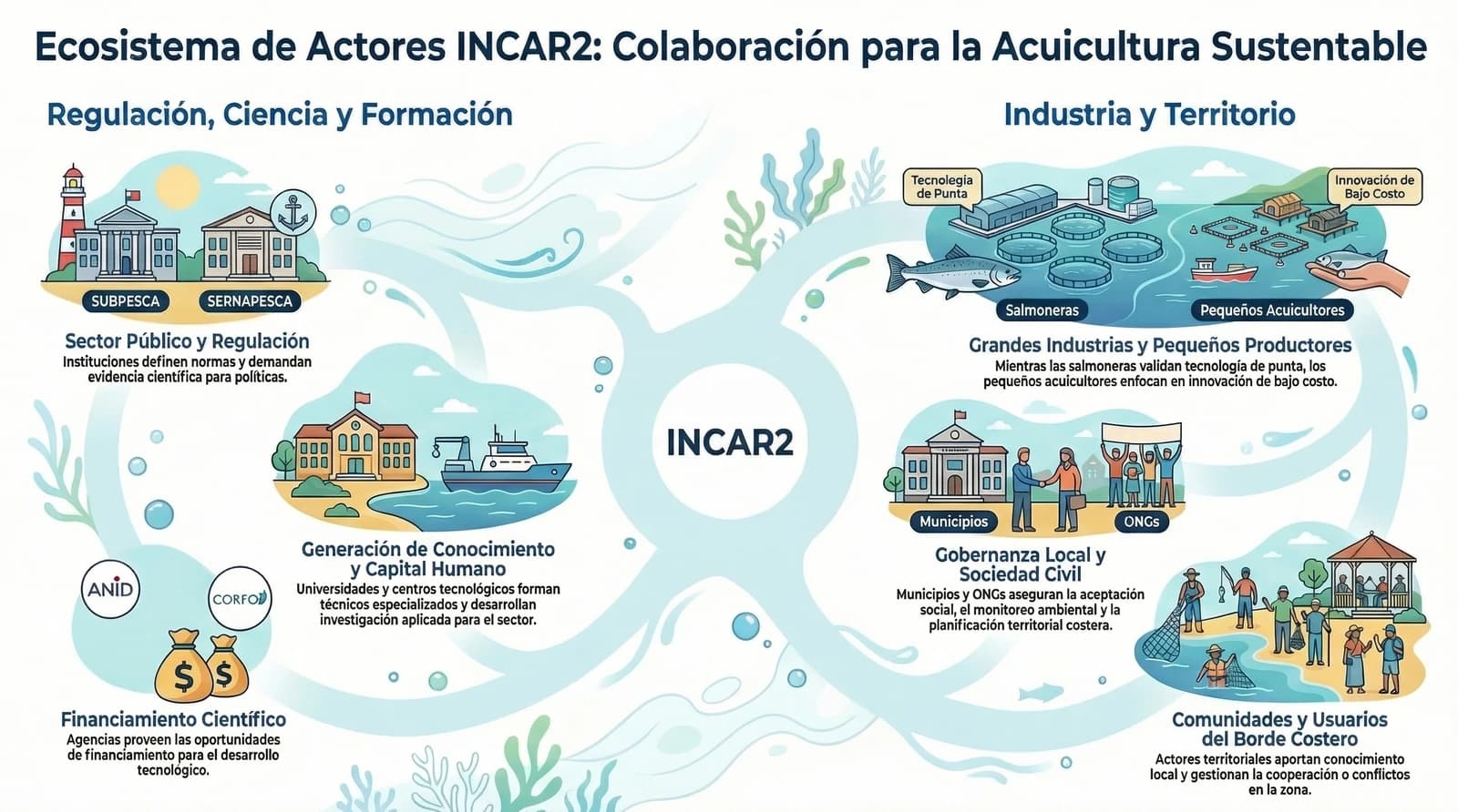 Infografía del ecosistema de actores de INCAR²: sector público y regulación, generación de conocimiento y capital humano, financiamiento científico, grandes industrias y pequeños productores, gobernanza local y sociedad civil, y comunidades y usuarios del borde costero.