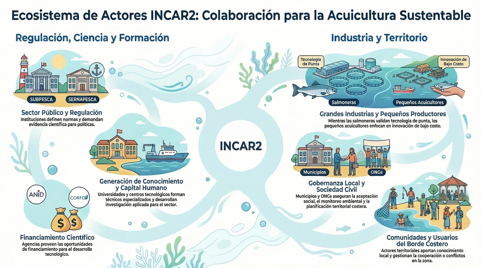 Infografía del ecosistema de actores de INCAR²: sector público y regulación, generación de conocimiento y capital humano, financiamiento científico, grandes industrias y pequeños productores, gobernanza local y sociedad civil, y comunidades y usuarios del borde costero.